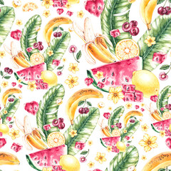 Watercolor tropical pattern. Seamless pattern with fruits