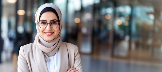 Fototapeta na wymiar Portrait of confident Beautiful smiling muslim working businesswoman wearing a hijab, suit and eyeglasses