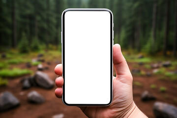 Hand using mobile smartphone in green forest background. smartphone with white empty display. For advertising or apps nature protection, outdoor activities, climate change