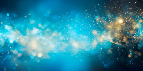 Abstract light blue background with sparkling golden particles, wavy, blurred in the background