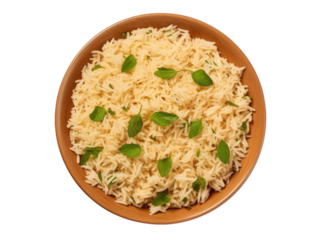 Cooked rice in wooden plate isolated on transparent background, top view