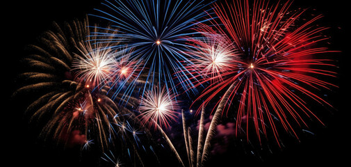 Fototapeta na wymiar Patriotic Fireworks in Night Sky, Red, White, Blue, Generative AI