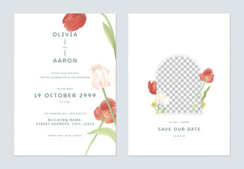 White minimalist colorful tulip flowers wedding invitation