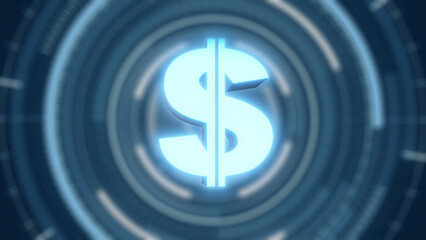 dollar growth animated number counter, counting fast with icon money on hud technology blue background