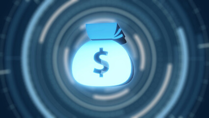 Money bag 3d rendering blue in the concept of making money using technology on hud technology blue background