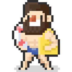 Fototapeta premium Pixel art cartoon beard man character with swimming items