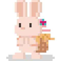 Naklejka premium Pixel art cute rabbit with easter egg bucket