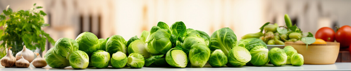 Obraz premium A Banner Photo of Brussels Sprouts on a Counter in a Modern Kitchen