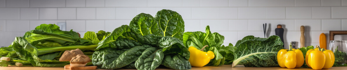 Fototapeta premium A Banner Photo of Collard Greens on a Counter in a Modern Kitchen