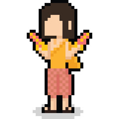 Fototapeta premium Pixel art woman character in Thai songkran vintage cloth