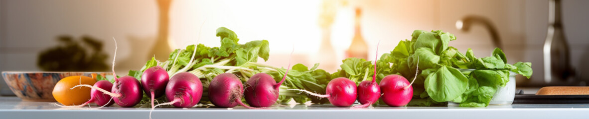 A Banner Photo of Radishes on a Counter in a Modern Kitchen