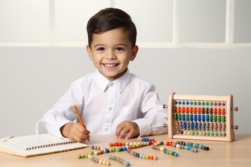 Generative AI : Young cute handsome boy is using the abacus with coloured beads to learn