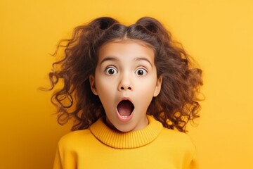 Generative AI : Portrait of young excited shocked crazy smiling girl child kid hold hands isolated on yellow color background