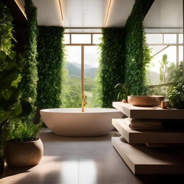 Modern bathroom interior with plants. 