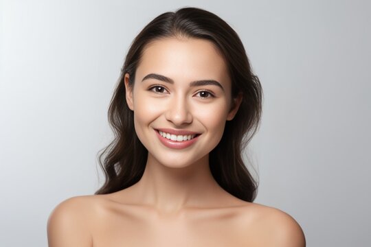 Generative AI : Portrait of young happy woman looks in camera. Skin care beauty, skincare cosmetics