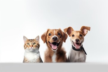 Generative AI : Cute dogs and cats together hanging paws over white horizontal website banner or social media header