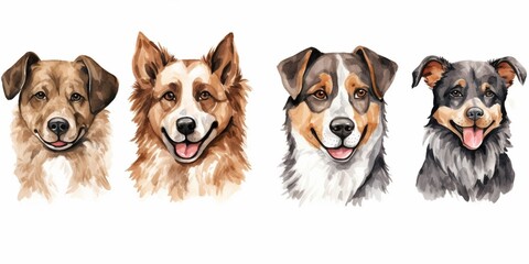 Generative AI : Clip art set: varieties of six dogs, hand - drawn sticker style, watercolor brush