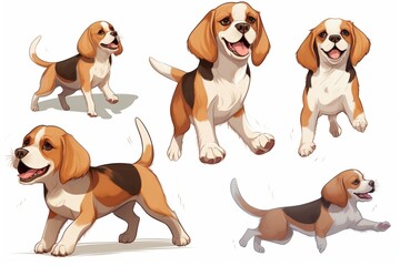 Generative AI : Detailed Beagle Dog in Different Poses illustration Set