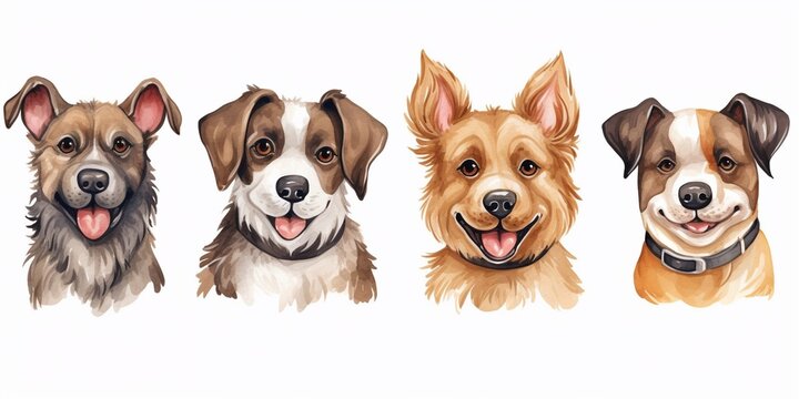 Generative AI : Clip art set: varieties of six dogs, hand - drawn sticker style, watercolor brush