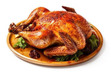 Whole roasted chicken on a white background. Grilled chicken. 