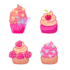 Glam pink cupcakes with diamonds, marshmallow, cherry and butterfly on white background. Vector illustration set.
