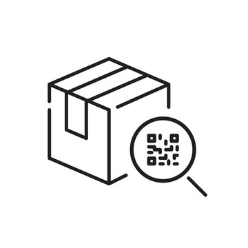 Parcel delivery with qr-code. Scan with magnifying glass. Pixel perfect, editable stroke icon