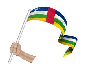3D illustration. Hand holding flag of Central African Republic on a fabric ribbon background.