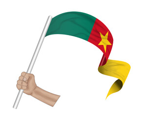 3D illustration. Hand holding flag of Cameroon on a fabric ribbon background.