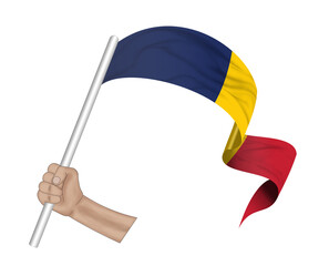 3D illustration. Hand holding flag of Chad on a fabric ribbon background.