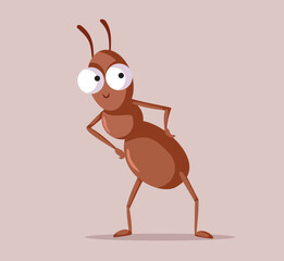Funny Happy Ant Character Vector Cartoon Illustration. Little insect standing on a white background with hands on the hips
