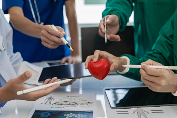 Conferences, healthcare and doctors online for research, planning and managing hospital schedules. Healthcare teams, professionals and people connected to work together. close up pictures