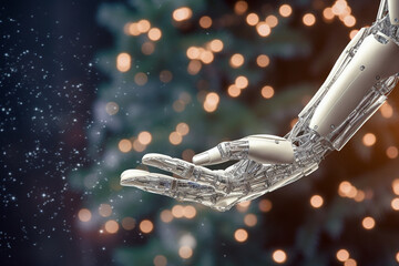 Giving and Helping hand concept in digital world. The silver man arm and finger hand in the air on lighting background. By generative AI.