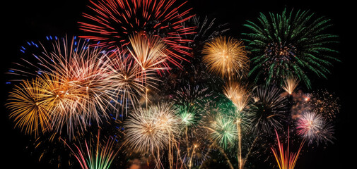 Spectacular Fireworks Display: Multi-Colored Explosions in Night Sky, Generative AI