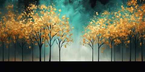 Teal and gold abstract painting of trees by a pond. Autumn birch tree leaves in modern art.