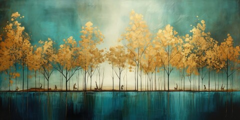 Teal and gold abstract painting of trees by a pond. Autumn birch tree leaves in modern art.