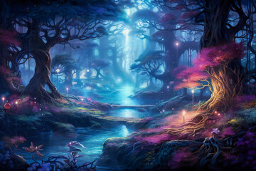 Obraz premium Magic forest in the night, with glowing plants and starry sky