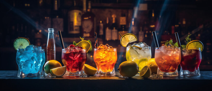 An assortment of mixed drinks against a dark background