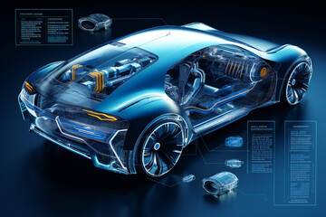 Hologram car with project infographics. Futuristic car designing concept.