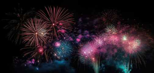 Fototapeta premium Spectacular Fireworks Display: Multi-Colored Explosions in Night Sky, Generative AI