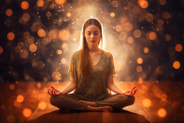 Young woman meditating in lotus position - obrazy, fototapety, plakaty