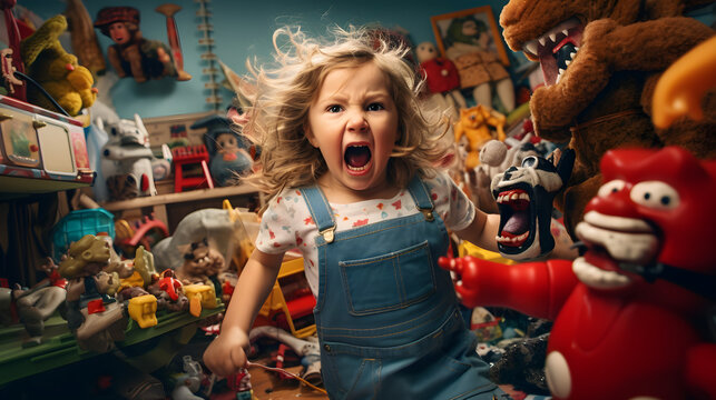 Defiant girl having a tantrum in a messy bedroom, filled with toys. Naughty and screaming.