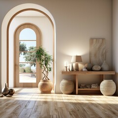 Living room interior with sofa, wooden floors and plant pots in beige tones with elegant curved architecture. Natural atmosphere in warm tones Room with Beach and Sea View