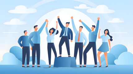 Agile team success, flat illustration, light blue, Complimentary