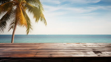 Empty rustic old wooden boards table with coconut palms near sea in background