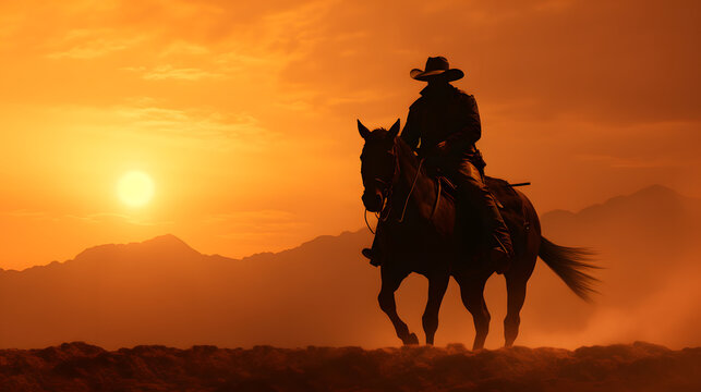 Cowboy riding a horse into sunset