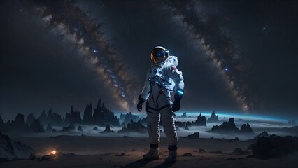 Photo of a man in a space suit standing in front of a star-filled sky