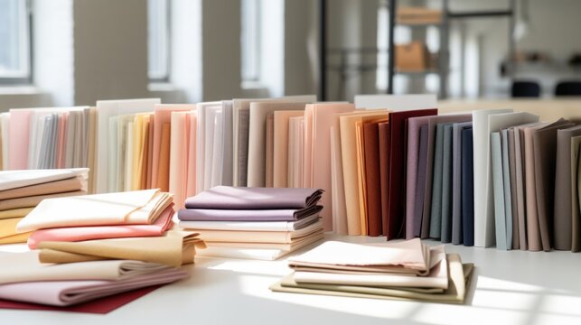 Fabric samples in different colors on white table.