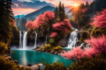 waterfall in the pink forest