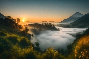 sunrise over the foggy mountains