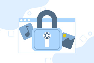 Concept of protecting your copyright. Copyright, intellectual property. Legislation, private property. Poster or banner for website. Flat vector illustration on a white background.